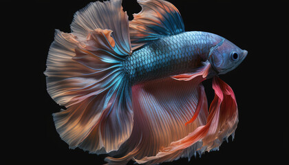 Fototapeta premium 8k, realistic photo, high detailed, macro view, beautiful betta fish underwater photography isolated on black background. Generative ai