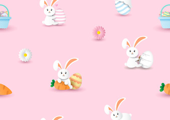 White bunny with Easter eggs in paper cut style wallpaper and gift wrapping paper isolated on pink background.