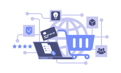 Business internet, online store, shopping laptop Vector illustration Flat, design, e-commerce scene concept