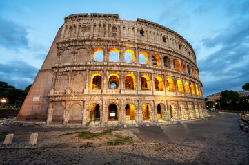 Fototapeta na wymiar Amazing panoramic view of Colosseum in the blue hour before sunrise, Rome, Italy.
