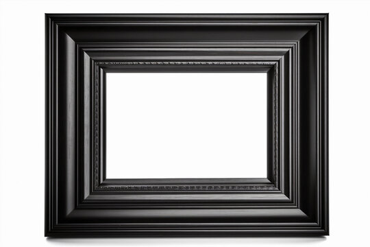 Black, empty, horizontal picture frame on white background. Frame with copy space for artwork, picture. Generative AI.