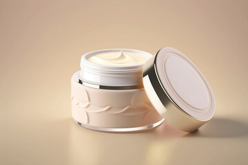 Modern beauty product beauty cream for skin care and moisturizing anti-aging cream jar top close up view on beige background, health and beauty concept. Copy space, template. Generative AI.