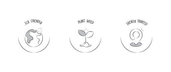 Sustainable product Icons: Eco-Friendly, Plant-Based, and Locally Produced. Gray editable stroke icons.