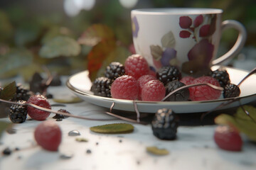 tea wild berries a cup in the forest fog morning atmospheric raspberry summer generative ai