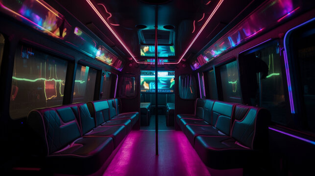 A party bus with colored lights and loud music Generative AI 