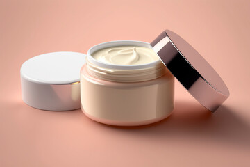Modern beauty product beauty cream for skin care and moisturizing anti-aging cream jar top close up view on beige background, health and beauty concept. Copy space, template. Generative AI.