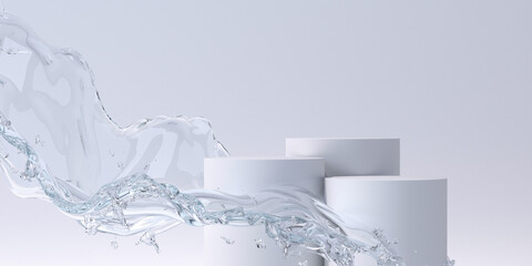 3d cosmetic background. podium with abstract water splash background for banner, product or cosmetics presentation. 3d rendering illustration.