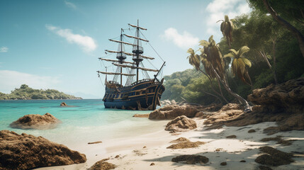 Fototapeta premium A pirate ship looking for treasure on a deserted Generative AI 