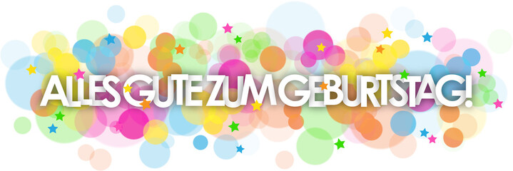 ALLES GUTE ZUM GEBURTSTAG! (HAPPY BIRTHDAY! in German) typography banner with colorful stars and bokeh lights on transparent background