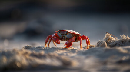 Fototapeta na wymiar A Red Crab Walking on the Beach Generative AI 