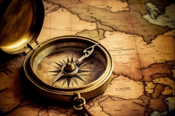 compass on old map . Creative illustration. (Ai Generate)