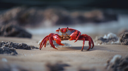 Fototapeta na wymiar A Red Crab Walking on the Beach Generative AI 