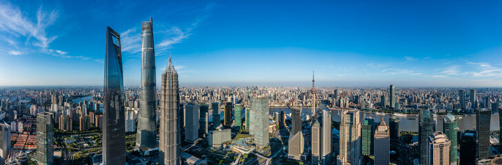 Aerial view of Shanghai skyline and modern buildings in Lujiazui Financial district, China. Panoramic view.