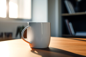 Fototapeta premium Mock up minimalist white ceramic mug in office, living room setting