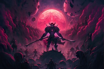 A group of demons under the red moon. dark fantasy . Creative illustration. (Ai Generate)