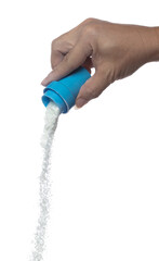 Detergent Powder splash fly in air. Detergent Powder pour from bowl lid cup. Detergent Powder blue...