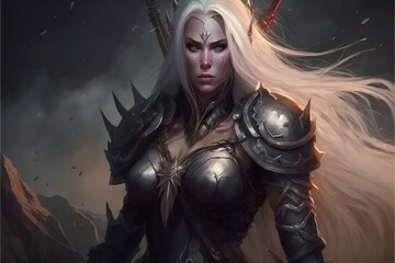 fantasy heavily armored dark elf female warrior . Creative illustration. (Ai Generate)