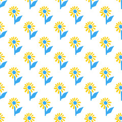 Seamless pattern with stylized illustration sunflower in cutting style blue and yellow color on white background