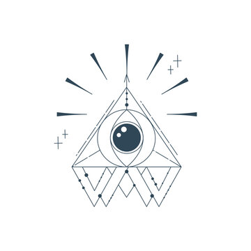 Esoteric pyramid with eye isolated. Occult mystic triangle with ray and star. Geometric esoteric symbol. Vector illustration design drawn in lines. Mystic eye in triangle