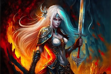 White hair elf warrior. Fantasy illustrations . Creative illustration. (Ai Generate)