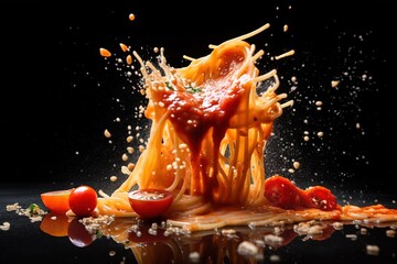 Spaghetti in tomato sauce with cheese. Template for restaurants. Food photography. Generative AI.