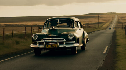 Obraz na płótnie Canvas An old and classic car on a deserted road Generative AI 