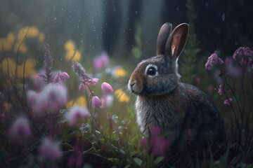 A wild orange Rabbit/bunny with big ears in a magical fresh green forest (Spring baby rabbit or Easter rabbit),generative ai.