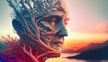 Man in perfect symbiosis with nature. Abstract illustration . Creative illustration. (Ai Generate)