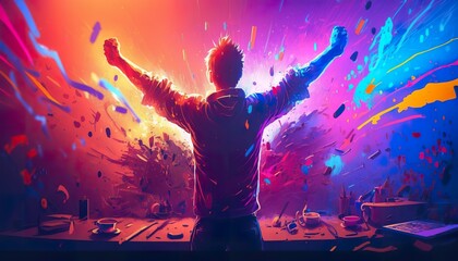 Professional cyber sports gamer rejoices in victory . Creative illustration. (Ai Generate)