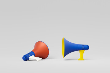 Two megaphones in Russia and Ukraine flag colours, 3d rendering. Propaganda, informational warfare, free speech, disinformation at war concept