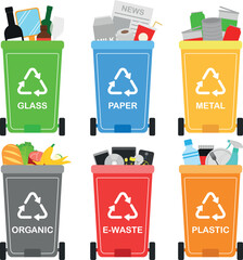 Containers for recycling glass, paper, plastic, metal and organic waste, vector illustration