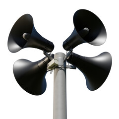 Black public address notification megaphones on a post, 3d rendering. Outdoor notification loudspeakers for announcement or air raid alert, isolated