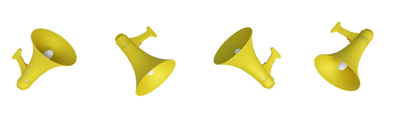 Isolated moutpiece megaphones, 3d rendering. Public address, free speech, protest or advertising concept