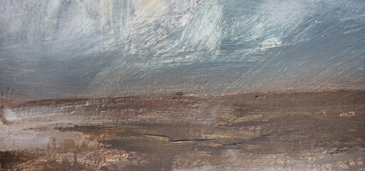 Rainy landscape with soil panorama wallpaper. Empty field painting. Dirty weathered surface. Grunge texture background. Cloud cover shades of gray dim sky.