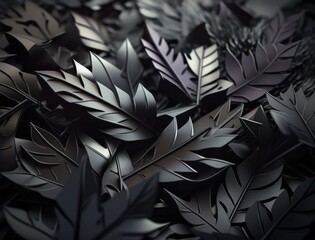 Abstract dark black metallic leaves background created with Generative AI technology