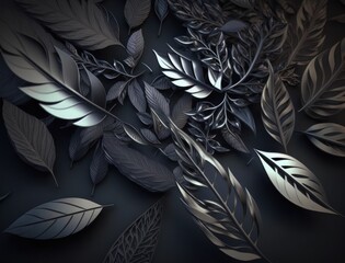 Abstract dark black metallic leaves background created with Generative AI technology