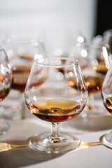 Whiskey, brandy in glasses on the table. Alcohol for the reception at the party for guests. Hard strong alcoholic drinks in glasses in the assortment: cognac, scotch, vermouth, rum.