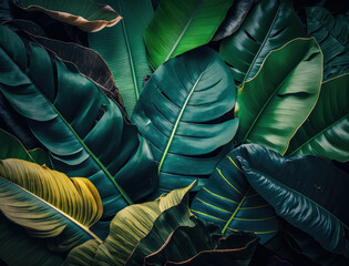 Abstract green Tropical Banana and Monstera Leaves background created with Generative AI technology