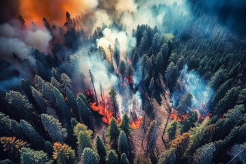 Fototapeta na wymiar Raging pine tree fire across the hill. Generative AI