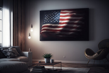 AI generated illustration of dark american flag blowing wind at room interior USA independence day