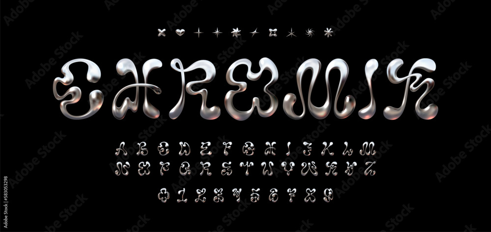 Wall mural vector chrome y2k font with liquid distortion. perfect for futuristic designs. includes letters, num