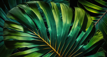 Obraz na płótnie Canvas Abstract green Tropical Banana and Monstera Leaves background created with Generative AI technology