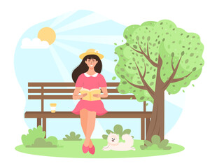Obraz na płótnie Canvas Young woman sitting on the bench in the park and reading a book. Cute dog resting nearby. Freelance, working, studying, education, dog walking, healthy lifestyle, hobby, relax concept.