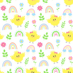 Seamless pattern with cute fluffy baby chick, boho rainbows, flowers and twigs.