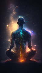 Yoga concept with back view man sitting in lotus pose against starry sky background AI generated