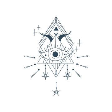 Esoteric pyramid with eye isolated. Occult mystic triangle with ray and star. Geometric esoteric symbol. Vector illustration design drawn in lines. Mystic eye in triangle