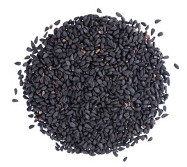 Black cumin seeds isolated on white background. Heap of black nigella seeds. Nigella sativa. Top view.