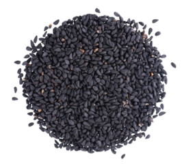 Black cumin seeds isolated on white background. Heap of black nigella seeds. Nigella sativa. Top view.