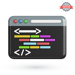 Program code development icon. Web coding or website programming concept. Web browser window or IDE application with a dark theme and source code displayed in it. Realistic 3D vector illustration