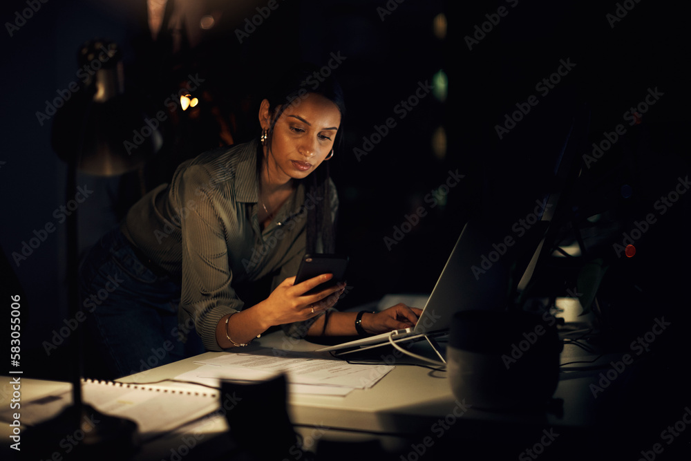 Poster I had that message saved on my phone somewhere...a young businesswoman using a cellphone while working on a laptop in an office at night.